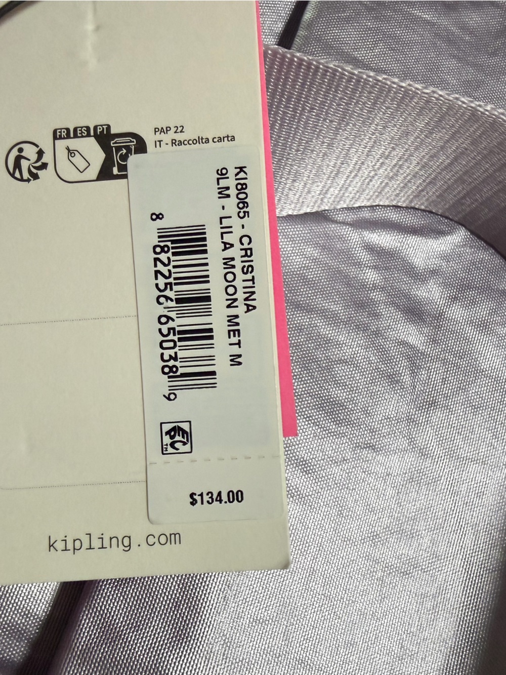 Kipling Cristina Lilac Moon Purple Metallic Tote Shoulder Travel Bag - Picture 9 of 9